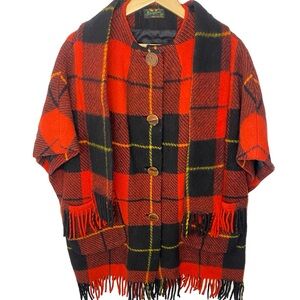 Vintage 60’s Merrywear Women’s Wool Plaid Irish Poncho Cape Coat With Scarf OSFA